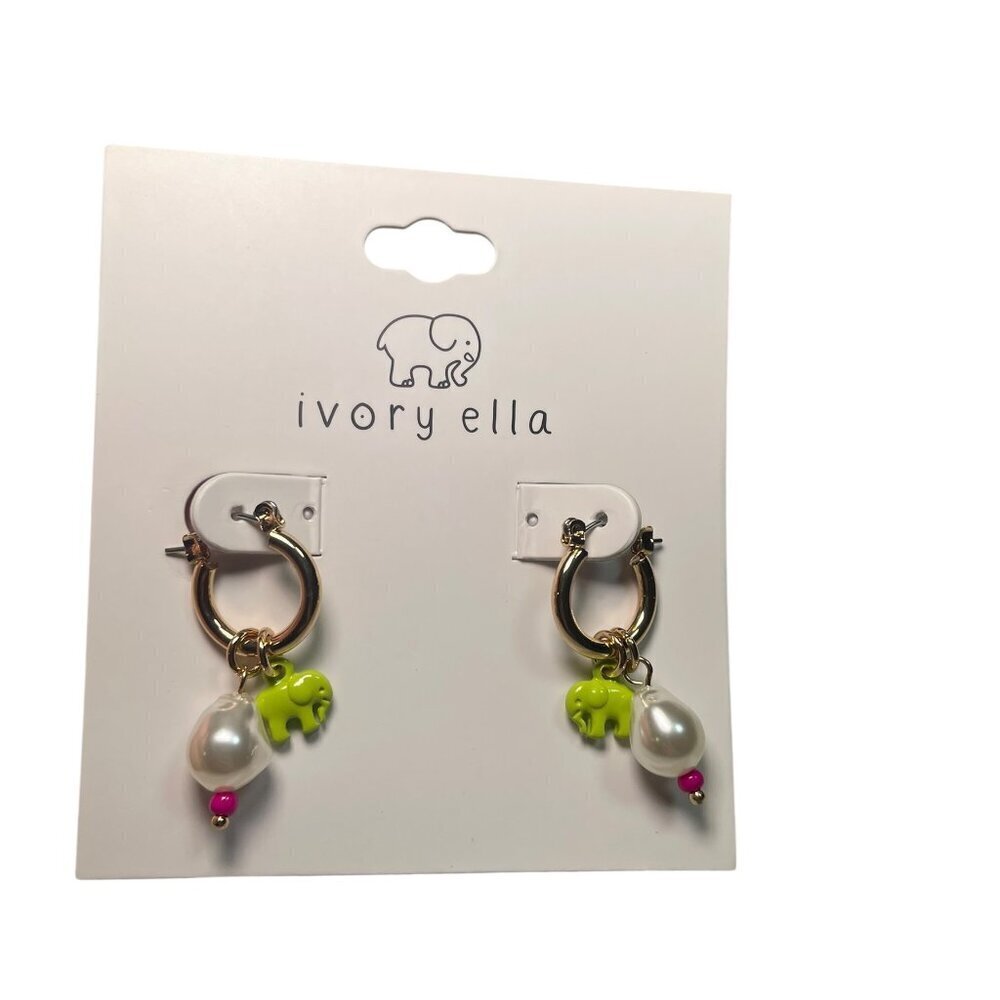 Ivory Ella Green Elephant & Pearl Hoop Earrings NWT